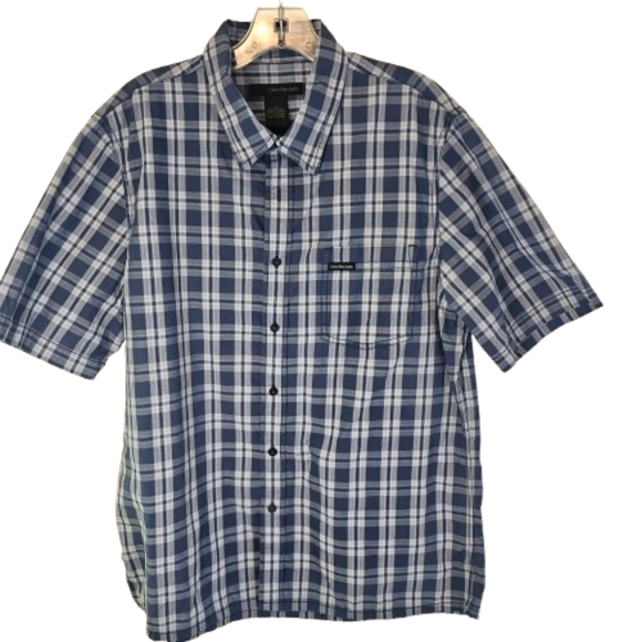 Calvin Klein Men's Short Sleeve Button Down Shirt Blue Plaid Size Large - Picture 1 of 5